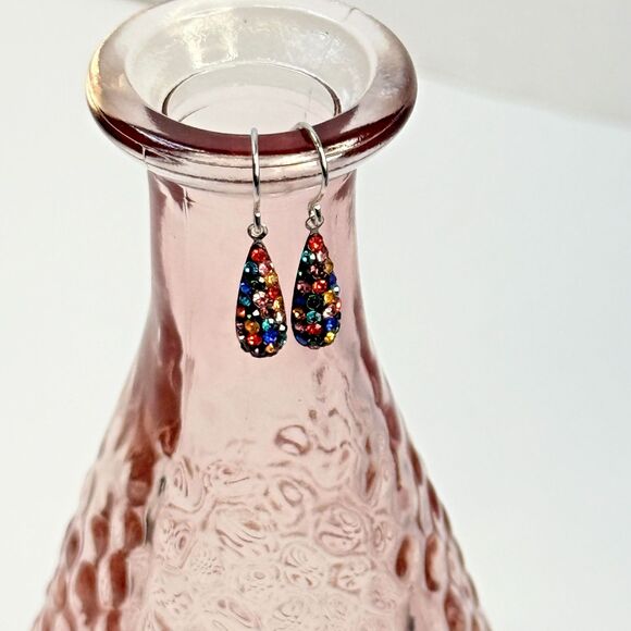 Silver Treasures Sterling Pavé Multicolor Crystal Teardrop Dangle Earrings Hook - Picture 2 of 6